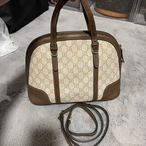 Gucci Beige GG Canvas Satchel with Brown Leather Trim